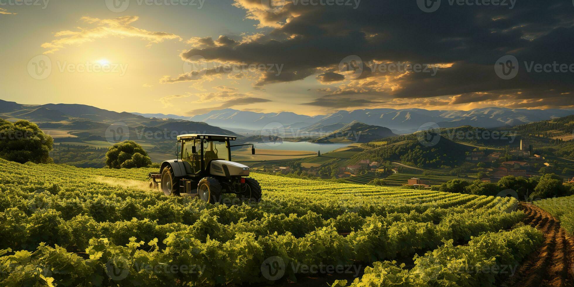 AI Generated. AI Generative. Tractor combine machine on field meadow harvest farming countryside nature outdoor. Graphic Art photo