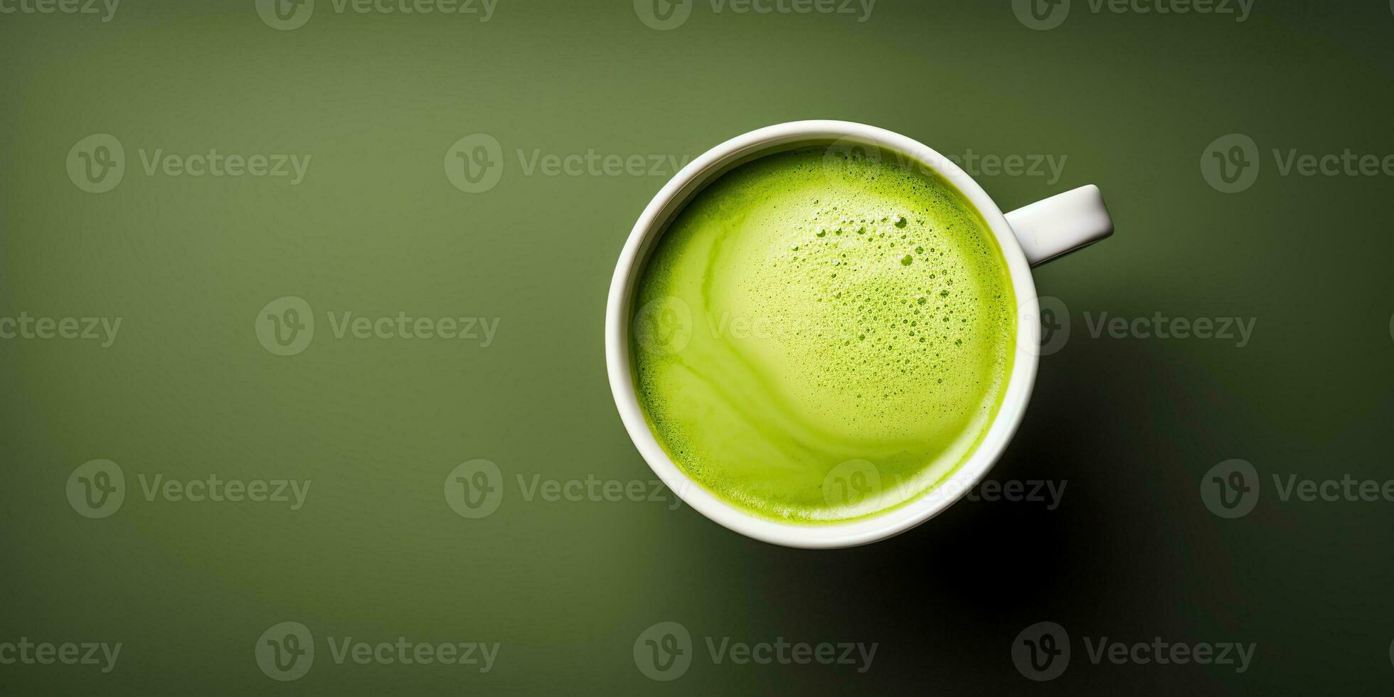 AI Generated. AI Generative. Asian japanese traditional hot matcha cup of green latte top view. Mock up background on table. Graphic Art photo