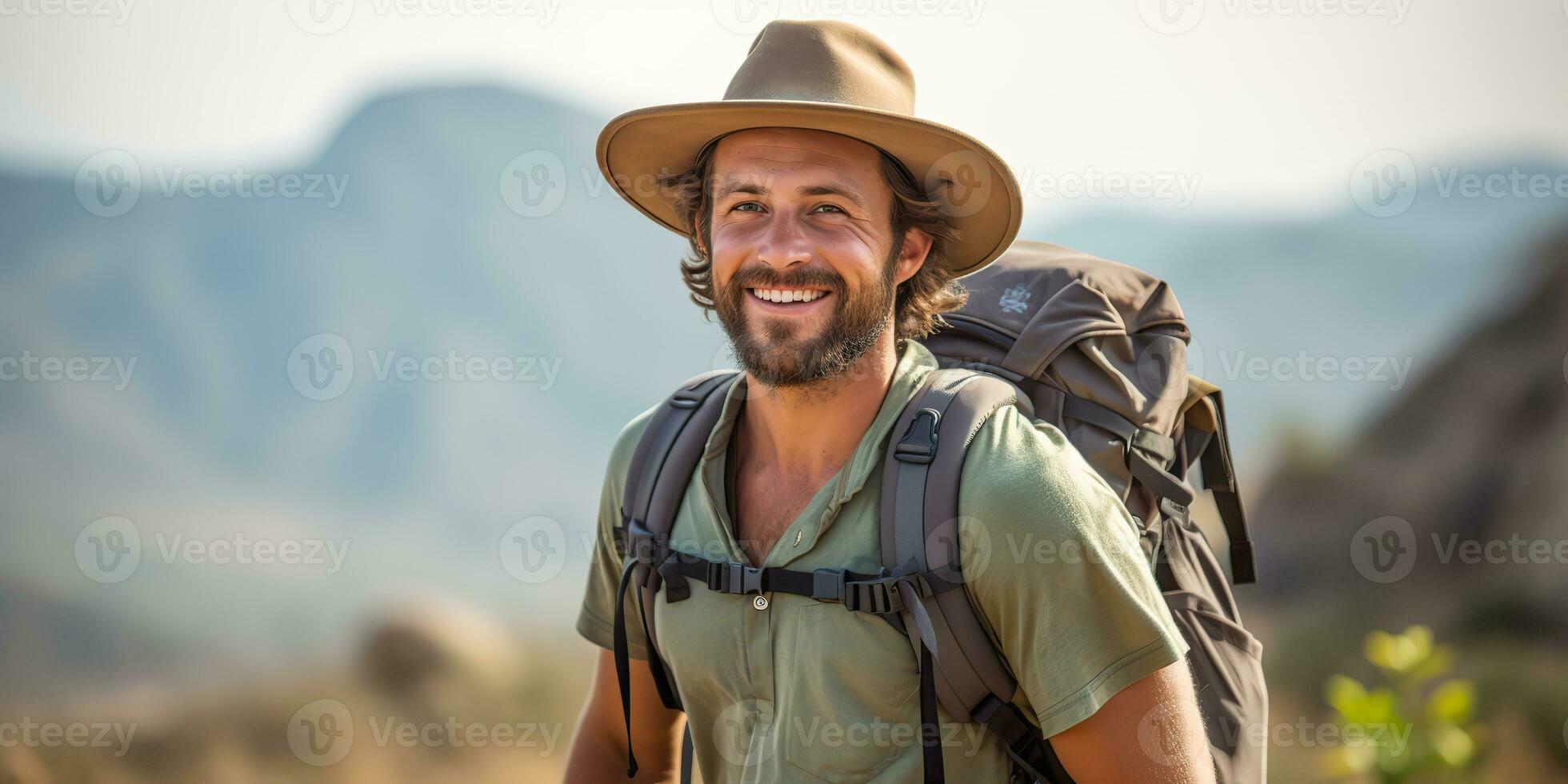AI Generated. AI Generative. Handsome man in hat backpack trekking hiking portrait landscape adventure outdoor. Graphic Art photo