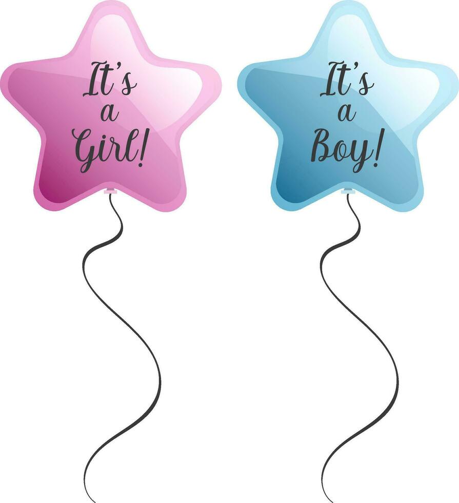 Star shaped pink and blue balloons with girl or boy text for gender reveal party isolated vector