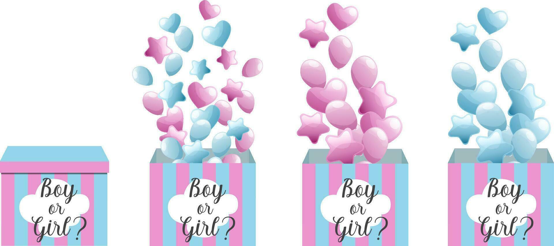 Set of blue and pink striped boxes for gender reveal party with copyspace and air balloons isolated vector