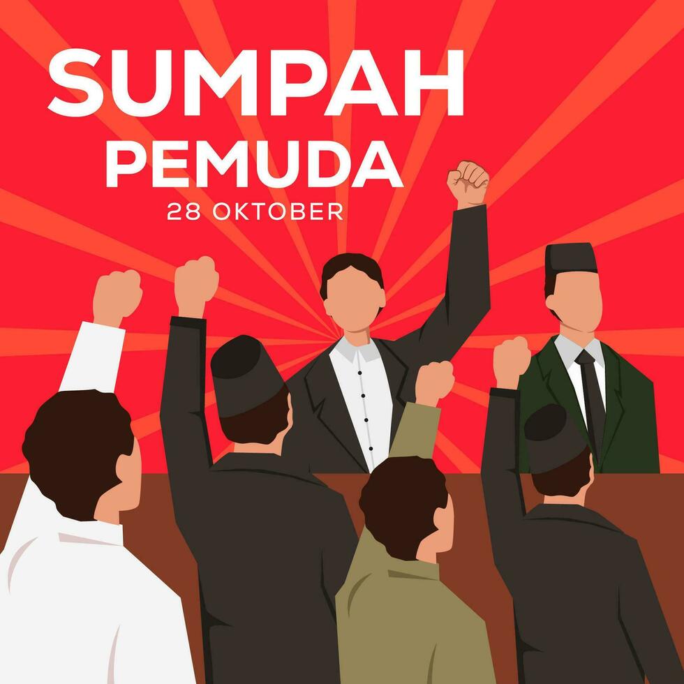 flat vector sumpah pemuda 28 oktober illustration. young people are discussing. translation happy indonesian young pledge