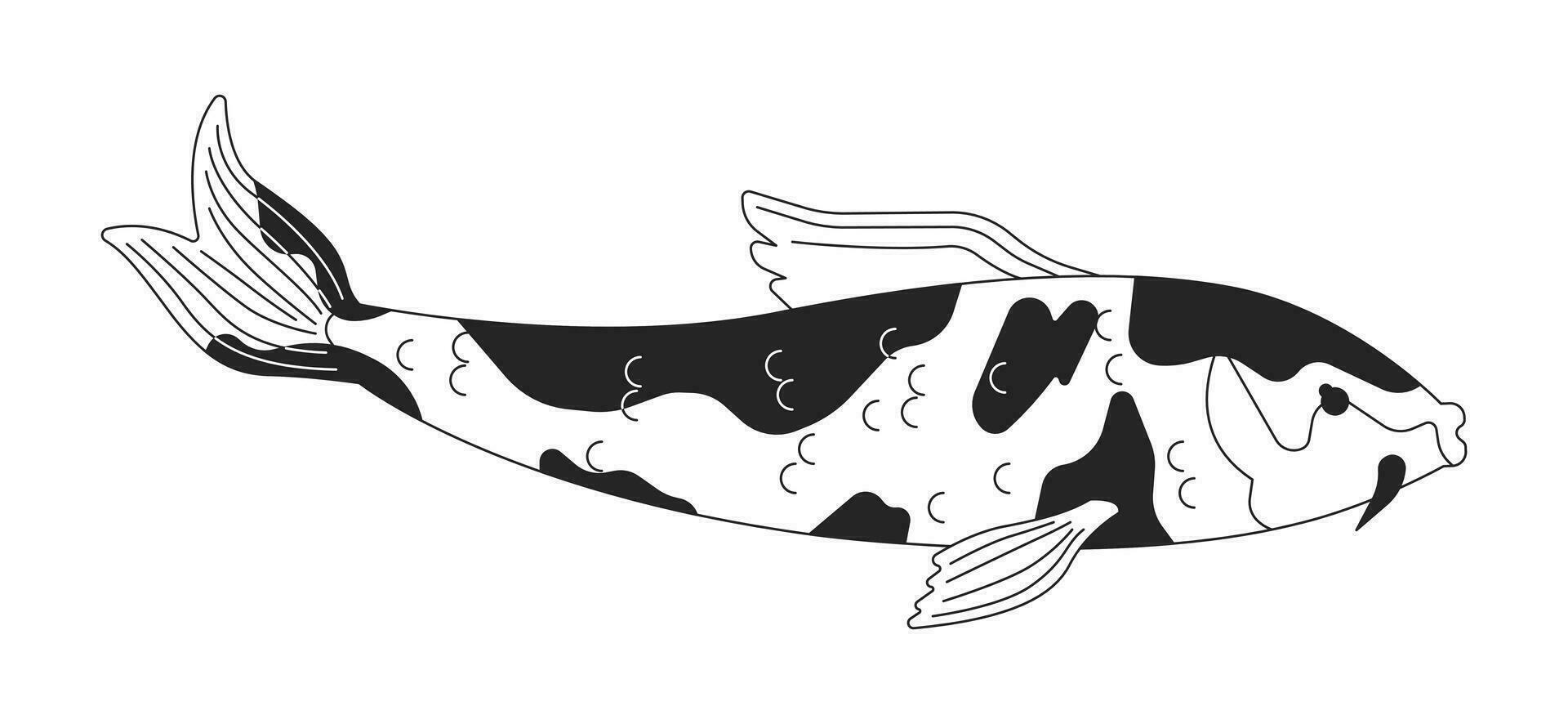 manchado carpa koi negro y blanco 2d línea dibujos animados personaje. oriental pescado para japonés estanque, jardín de agua aislado vector contorno animal. nishikigoi dentro acuario monocromo plano Mancha ilustración