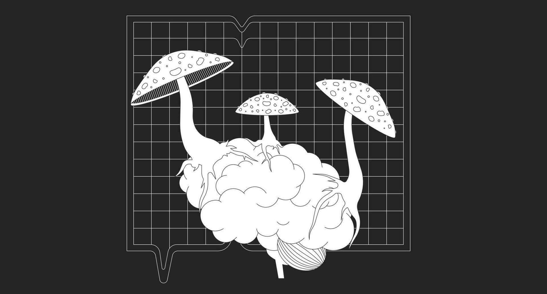 Mushrooms fly agaric growing on brain outline 2D cartoon background. Psychedelic nature linear aesthetic vector illustration. Toxic toadstool brain control flat wallpaper art, monochromatic lofi image