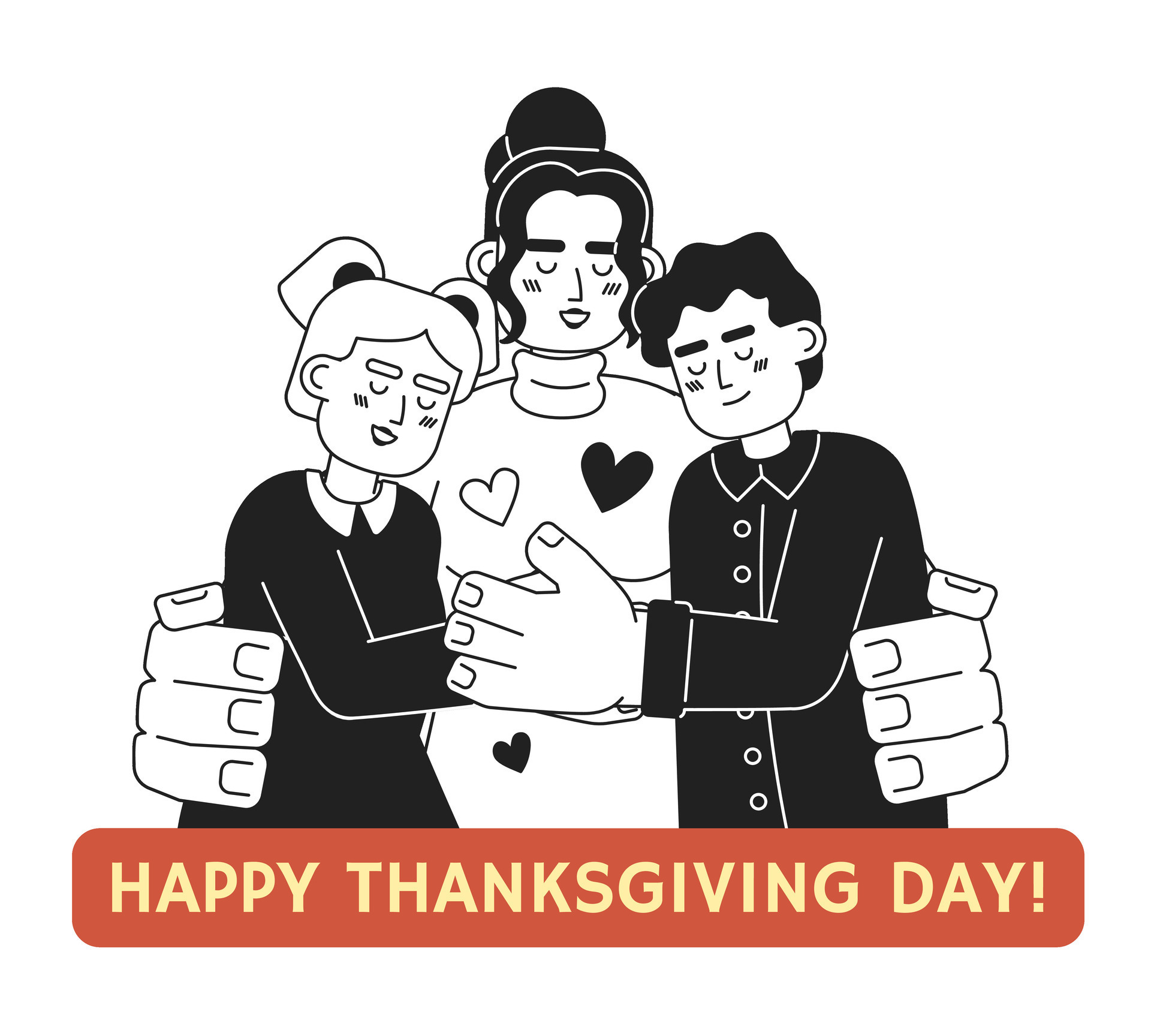 Happy thanksgiving day family black and white cartoon flat illustration