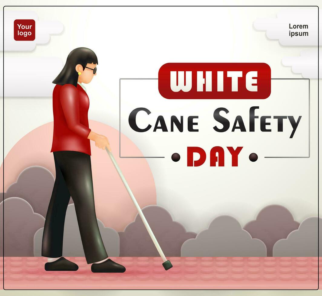 White cane safety day. Blind woman with white cane walking on sidewalk. 3d vector, suitable for education, health and events vector