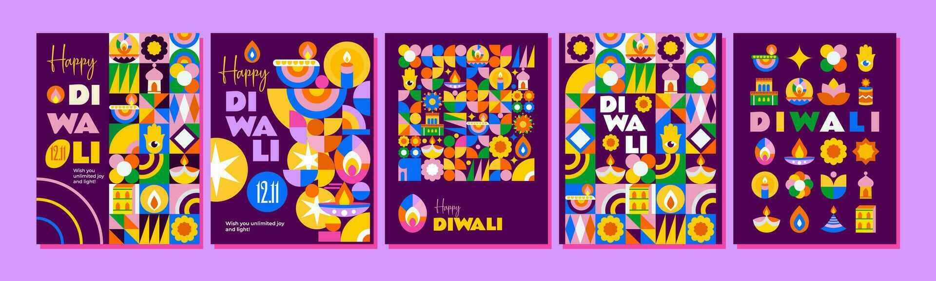 4 Happy Diwali Posters. Bright design in mosaic style, lots of lights, flowers and festive elements. Perfect as a greeting, cover, wallpaper and much more vector