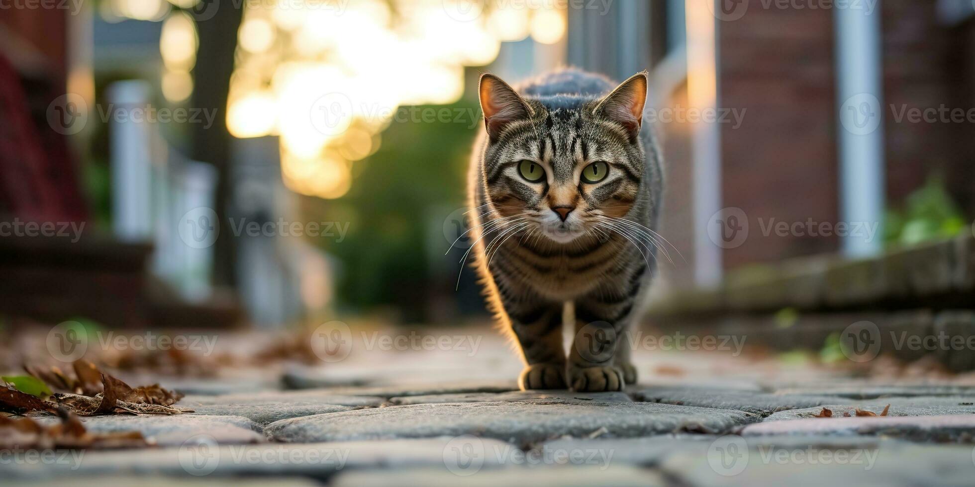 AI Generated. AI Generative. One lonely cat pet walking street city urban background. Graphic Art photo