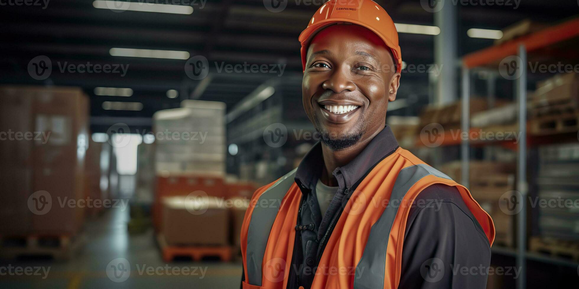 AI Generated. AI Generative. Warehouse stock house shipping delivery cargo logistic worker manager portrait background. Graphic Art photo