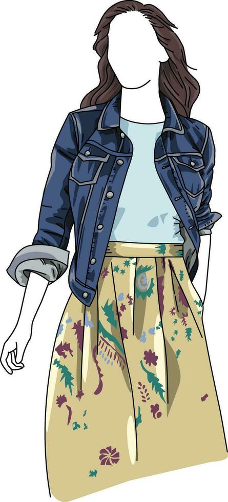 girl wearing a blue denim jacket with a brown skirt vector