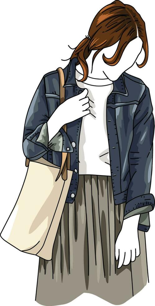 girl wearing a jeans jacket with a gray skirt vector