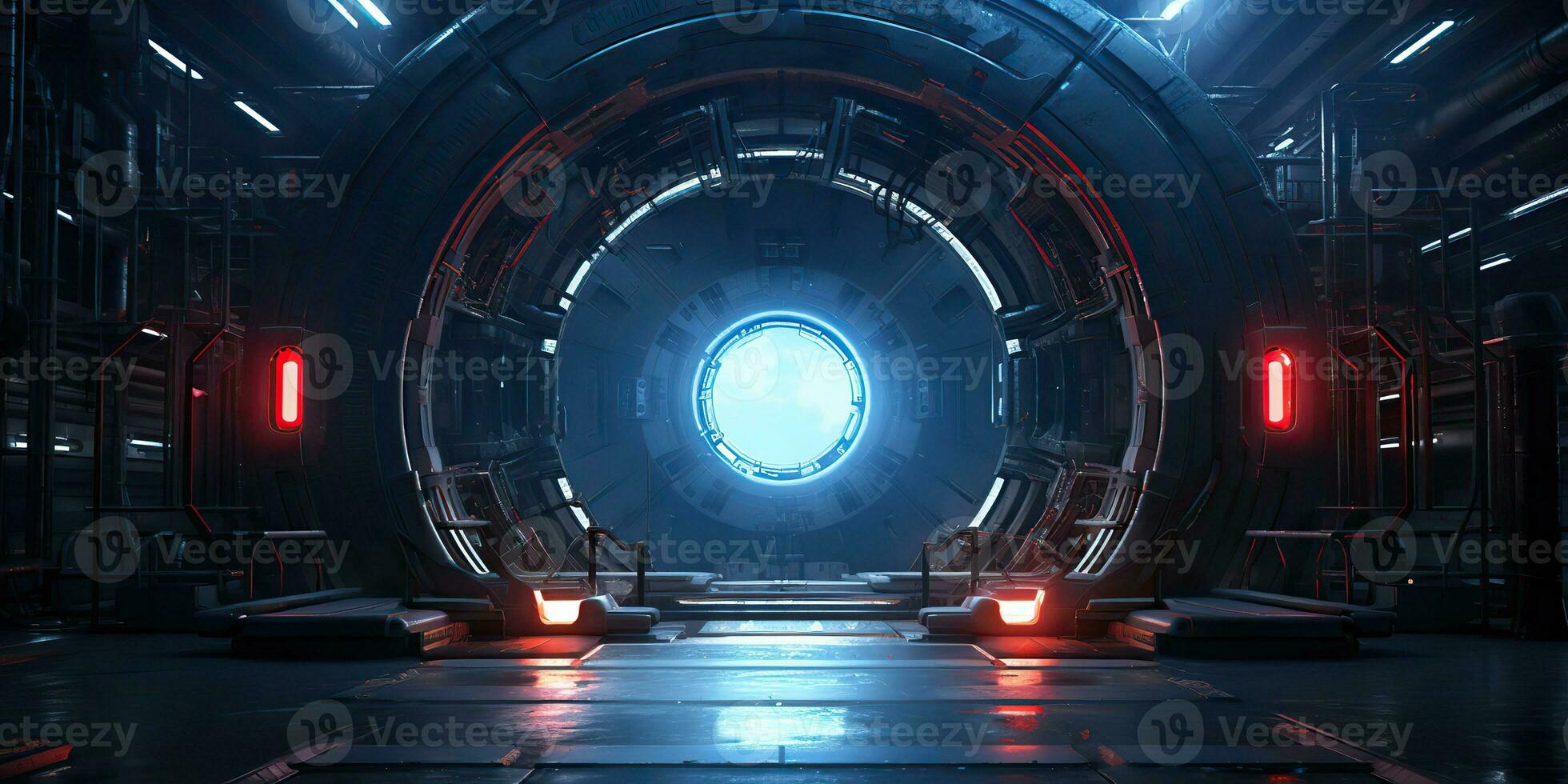AI Generated. AI Generative. Futuristic space ship galaxy alien door gate entrance sci fi concept neon indoor architecture. Graphic Art photo