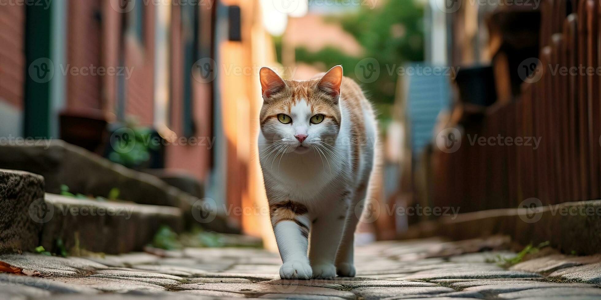 AI Generated. AI Generative. One lonely cat pet walking street city urban background. Graphic Art photo