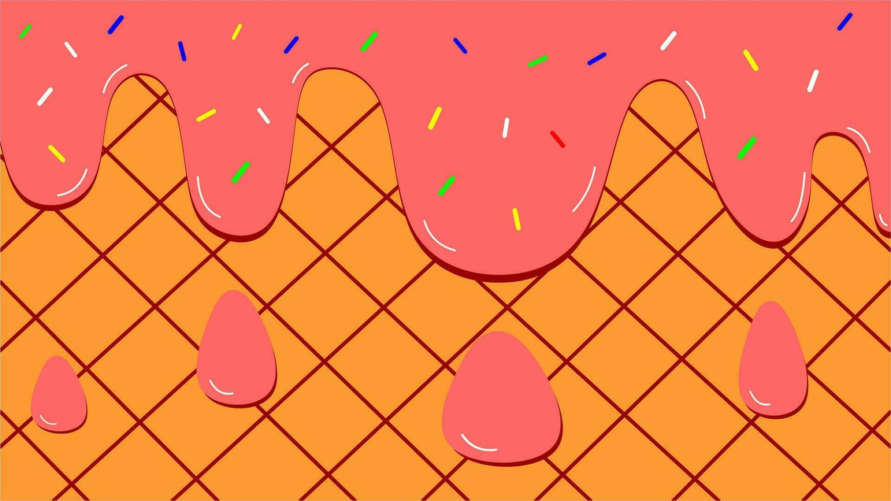 Melting strawberry ice cream background with waffle and sprinkle vector