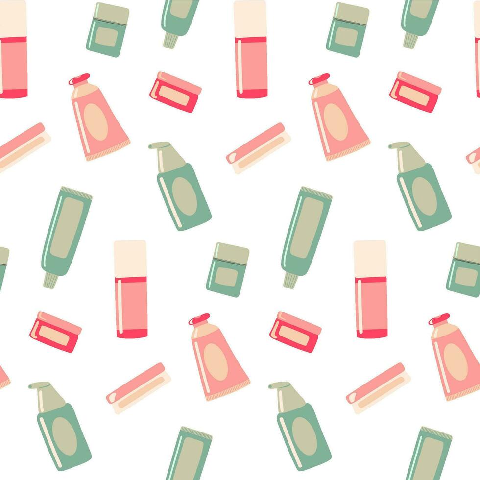 Seamless pattern with of Beauty elements, bottle, containers, jars. cream, lotion, toothpaste, soap, conditioner background vector