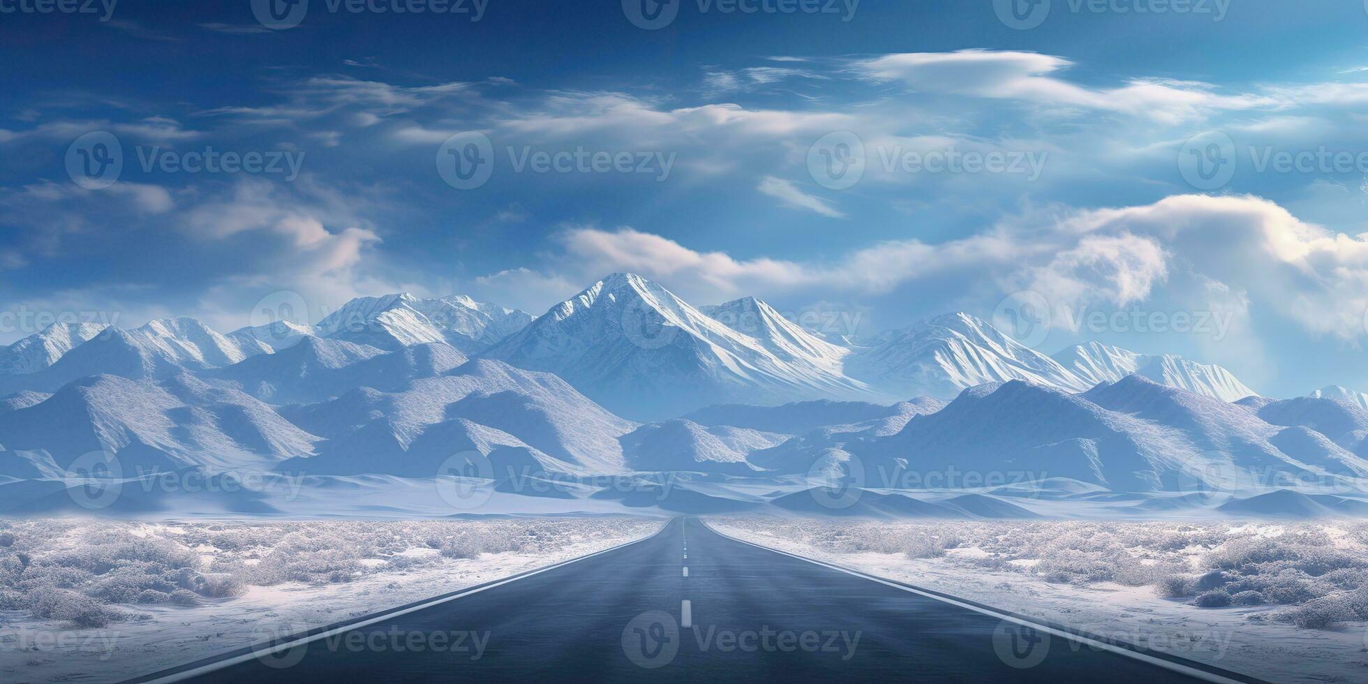 AI Generated. AI Generative. Winter snow beautiful road highway mountains landscape background adventure road trip. Graphic Art photo