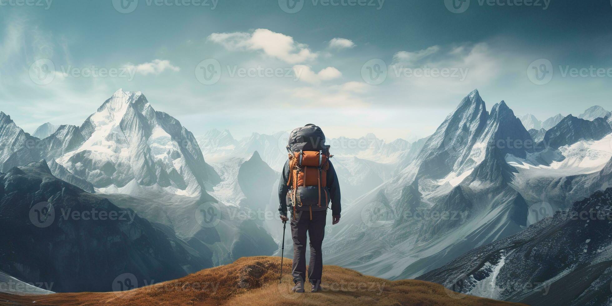 AI Generated. AI Generative. Backpacker alone man at high peak mountain adventure outdoor nature inspiration background. Graphic Art photo