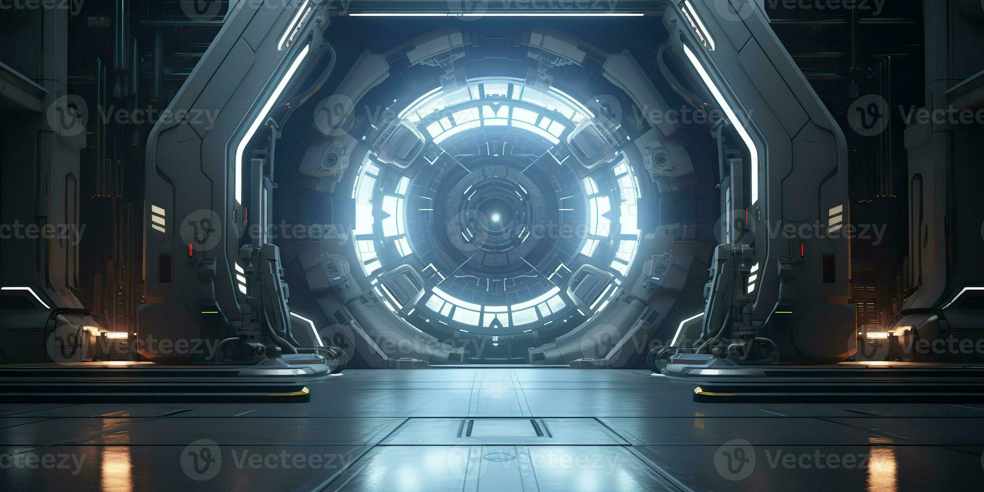 AI Generated. AI Generative. Futuristic space ship galaxy alien door gate entrance sci fi concept neon indoor architecture. Graphic Art photo