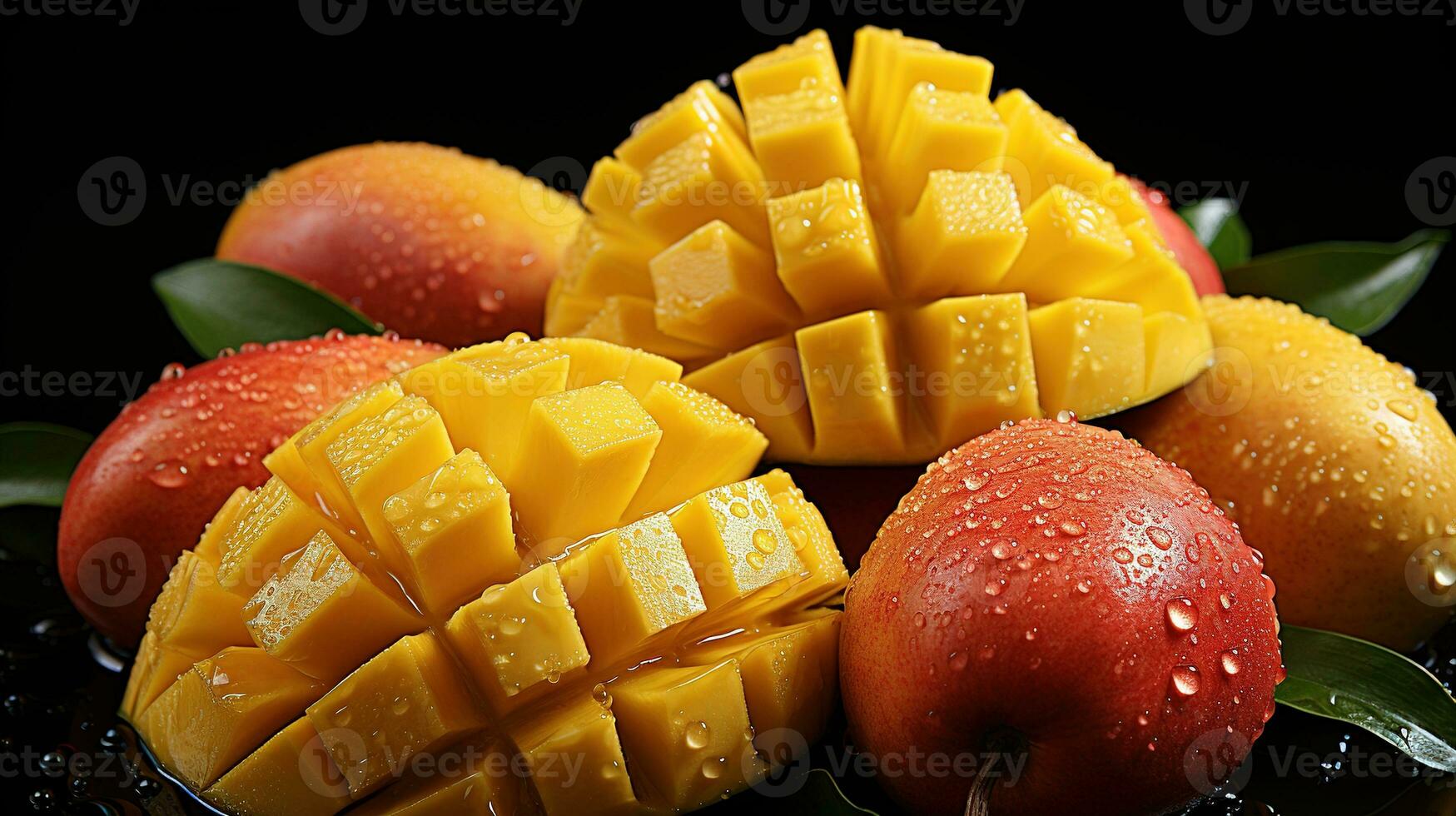 generativo ai, de cerca Fresco mango Fruta antecedentes. tropical exótico de cerca foto con agua gotas.