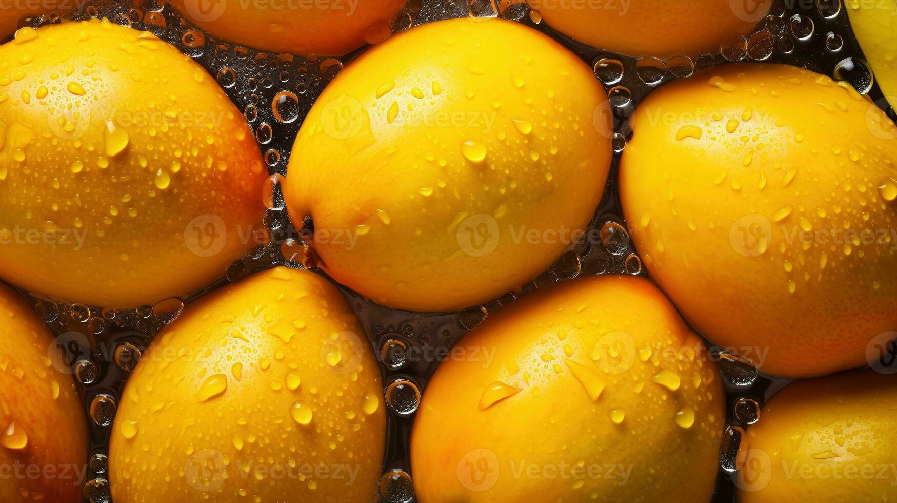 Generative AI, closeup fresh mango fruit background. Tropical exotic closeup photo with water drops.