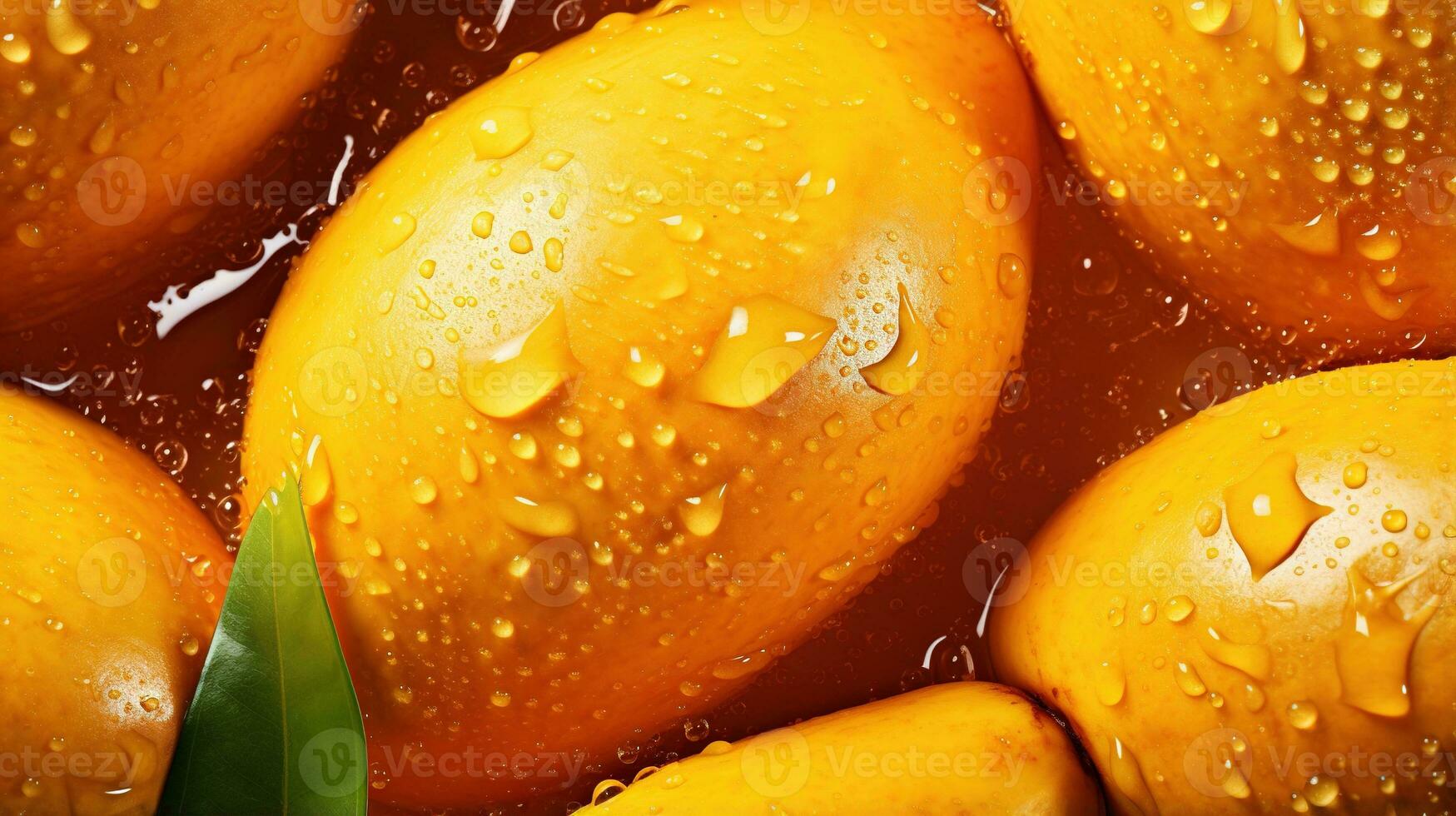 Generative AI, closeup fresh mango fruit background. Tropical exotic closeup photo with water drops.