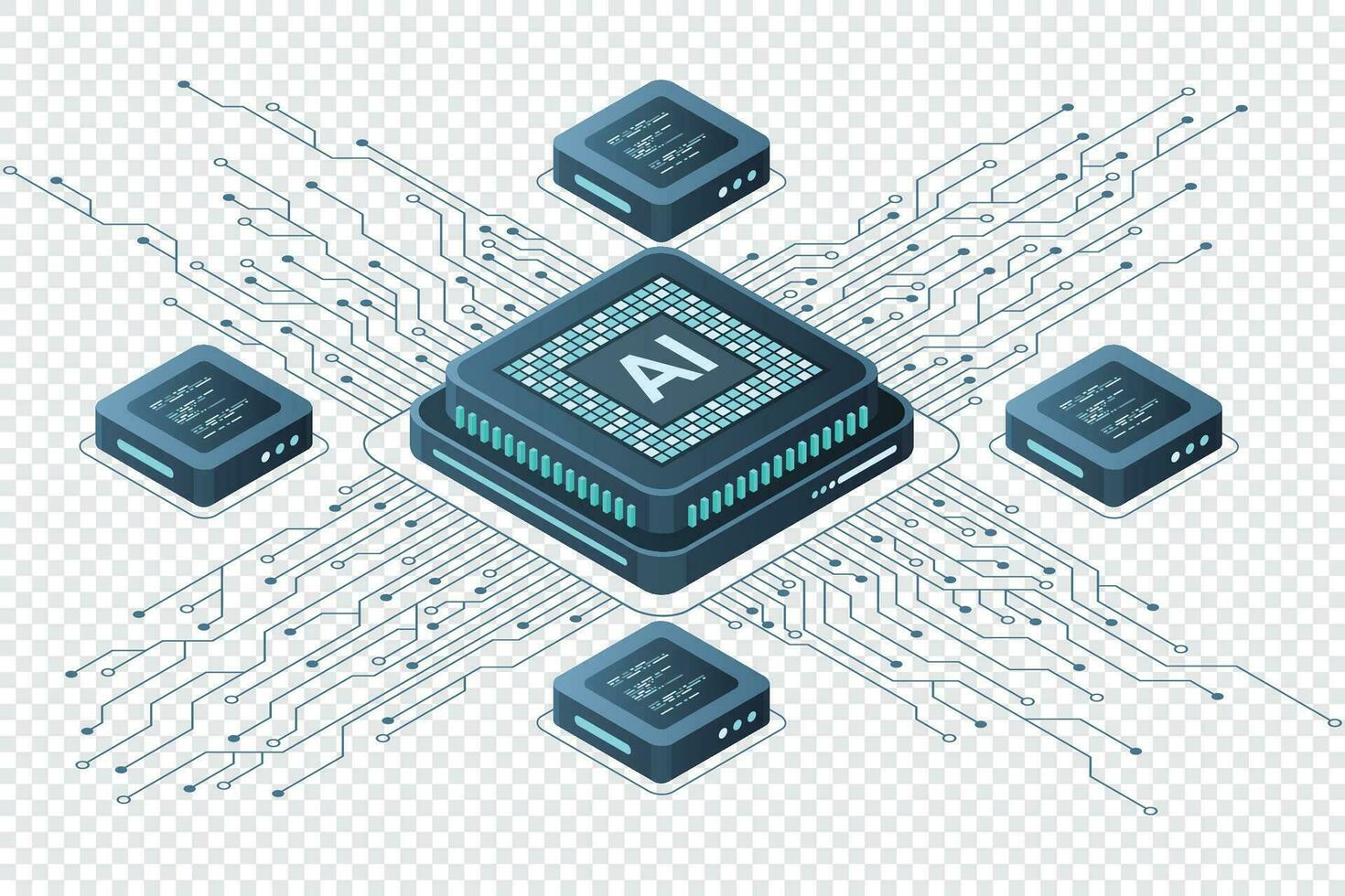 Isometric artificial intelligence chip concept. Artificial intelligence concept. Futuristic microchip processor. Vector illustration