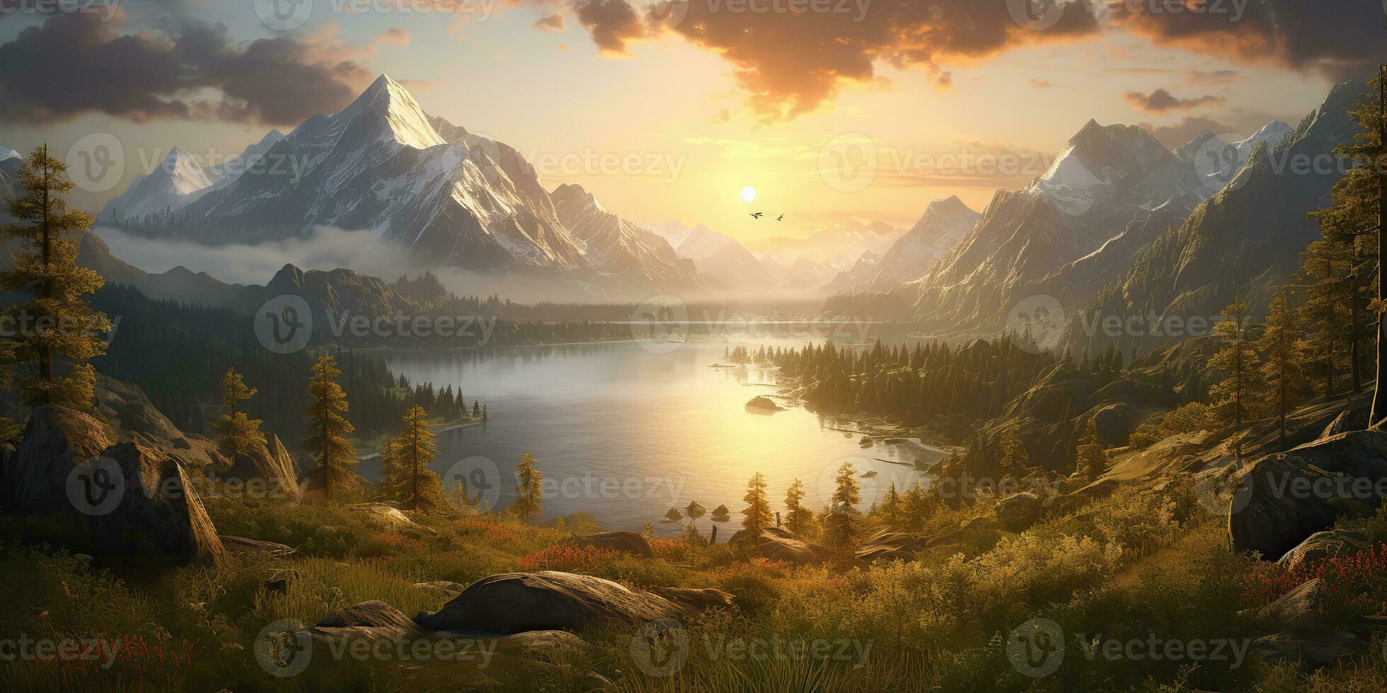 AI Generated. AI Generative. Beautiful nature outdoor landscape background. Lake river forest and mountain view. Adventure explore vibe. Graphic Art photo