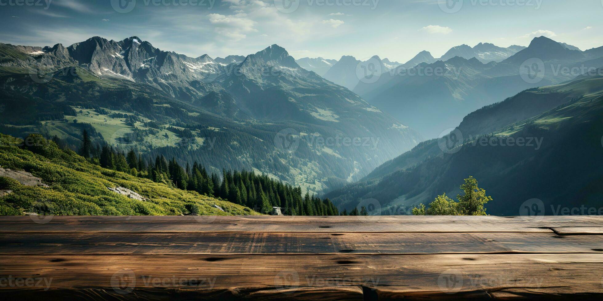 AI Generated. AI Generative. Wooden table nature outdoor forest mountain nature landscape background. Graphic Art photo