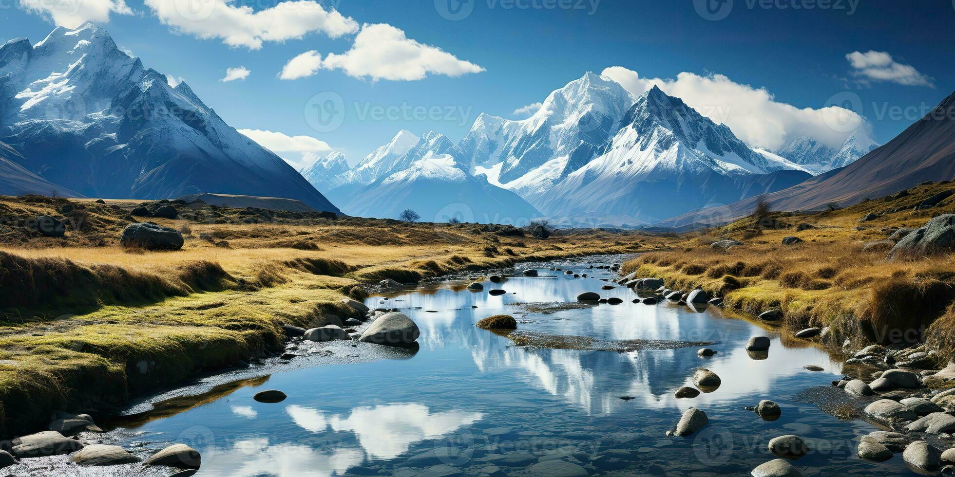 AI Generated. AI Generative. Wild nature outdoor mountain lake meadow landscape background. Adventure explore journey inspiration. Graphic Art photo