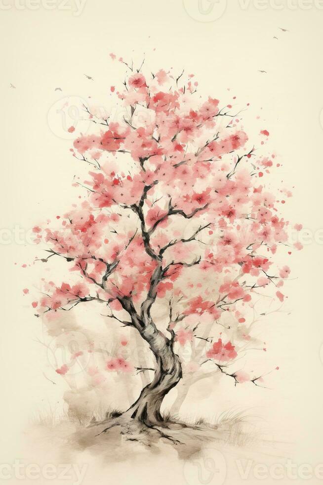 Generative AI, Beautiful japanese sakura tree, watercolor painting, vintage asian poster photo