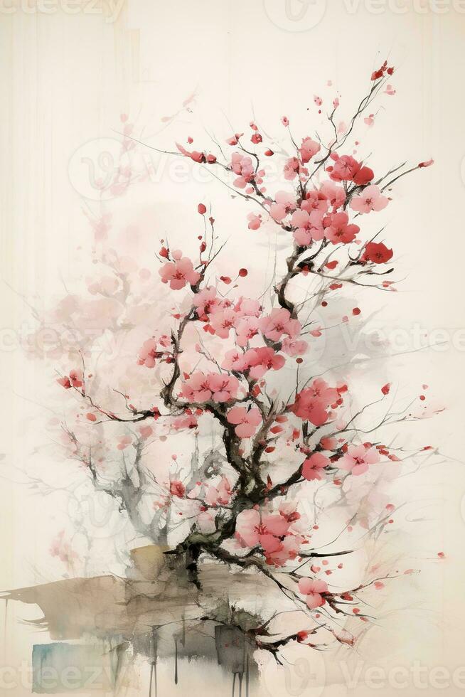 Generative AI, Beautiful japanese sakura tree, watercolor painting, vintage asian poster photo