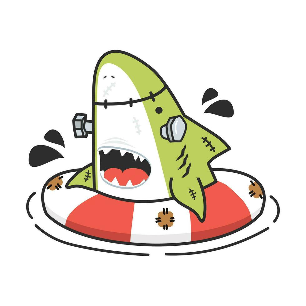 Cute shark Frankenstein swimming inflatable ring vector
