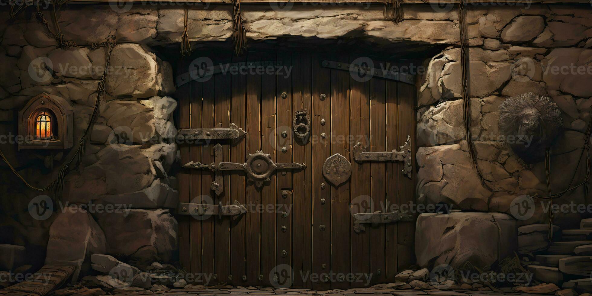 AI Generated. AI Generative. Fantasy cartoon dungeon door entrance exit wooden and metal. Graphic Art photo