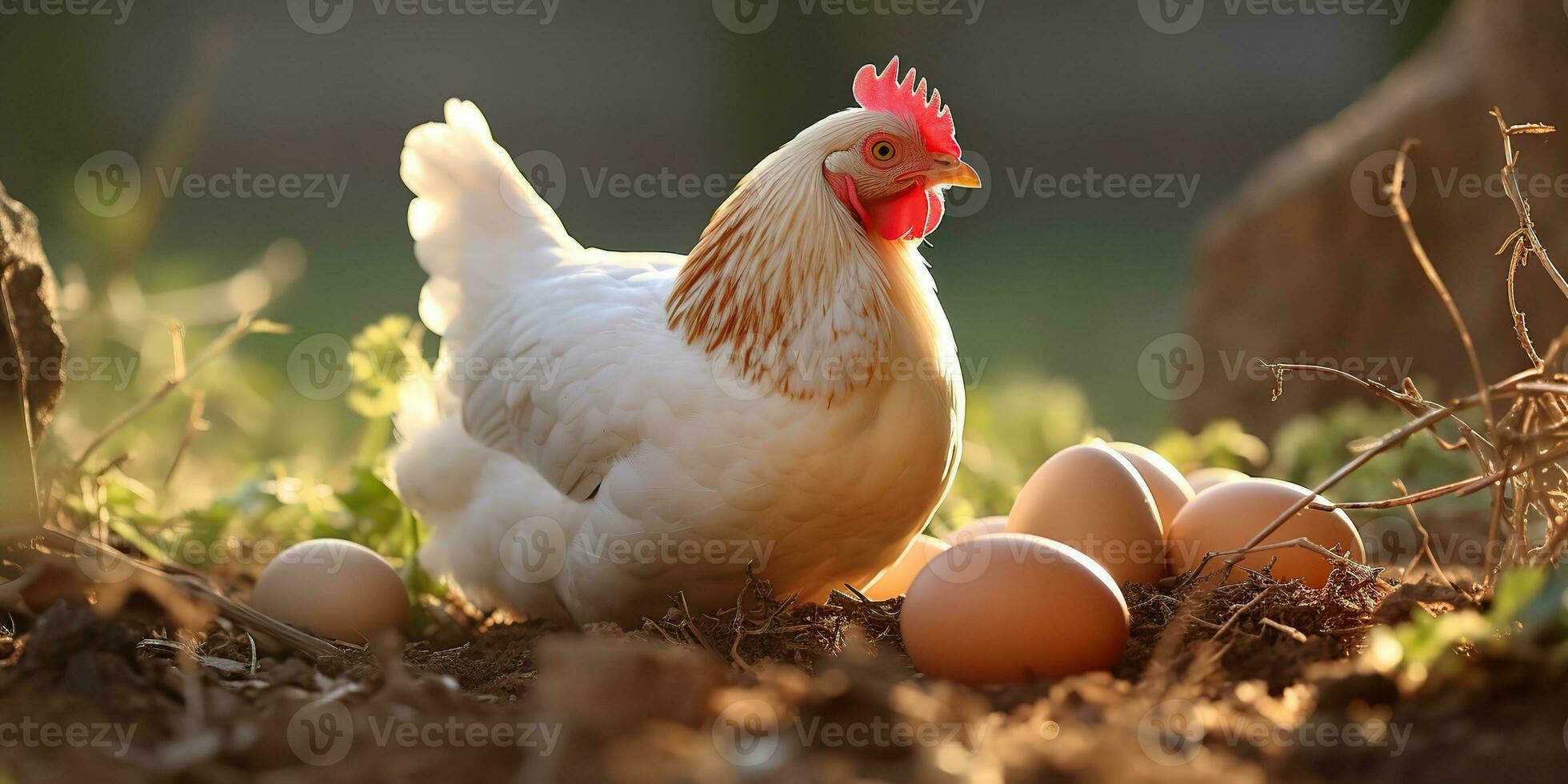 AI Generated. AI Generative. Organic eco chicken rooster and egg at countryside farm background. Graphic Art photo
