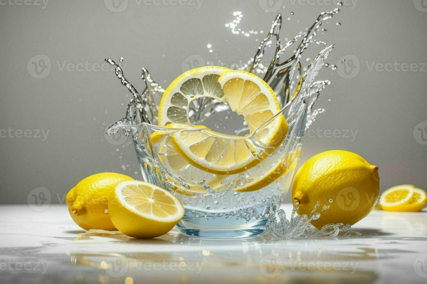 Photo of sliced Lemon with water splashes isolated on white background. Pro Photo