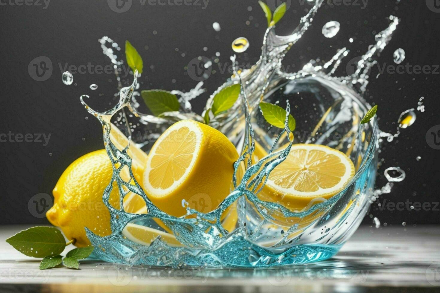 Photo of sliced Lemon with water splashes isolated on white background. Pro Photo