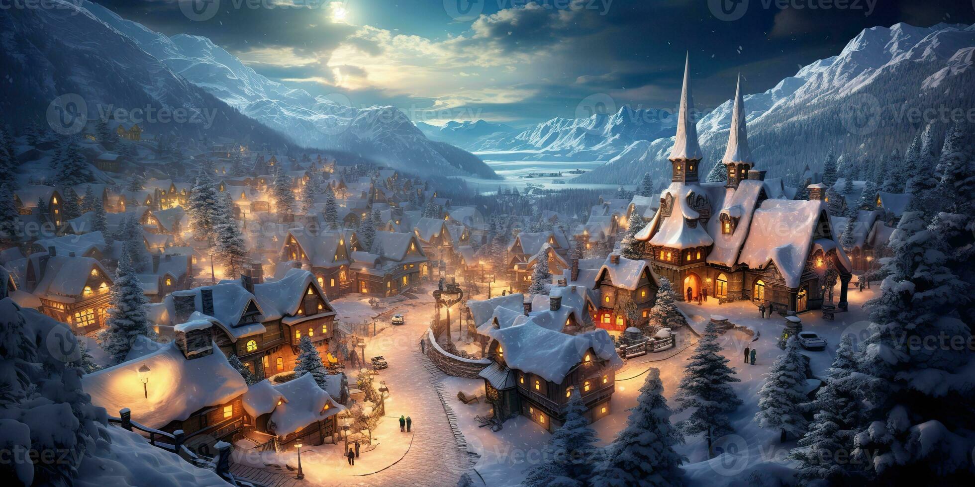 AI Generated. AI Generative. Cartoon village xmas christmas new year snow houses background. Graphic Art photo