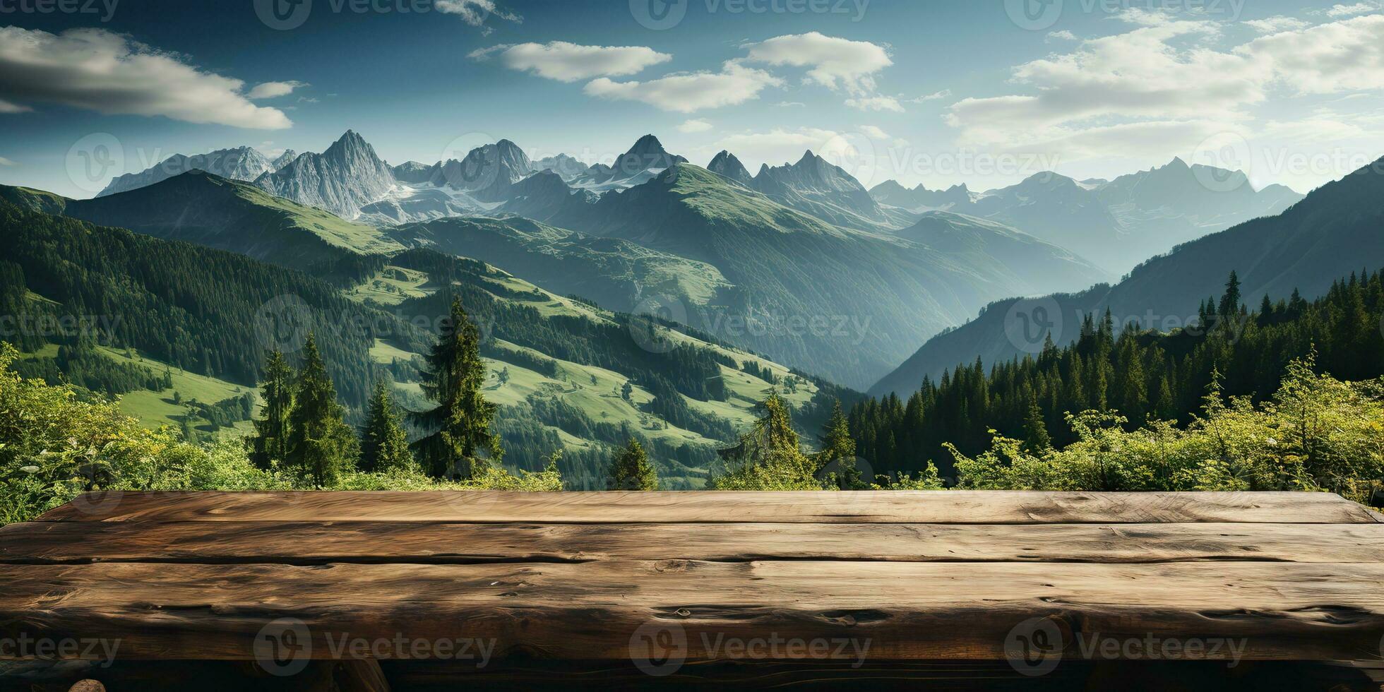 AI Generated. AI Generative. Wooden table nature outdoor forest mountain nature landscape background. Graphic Art photo