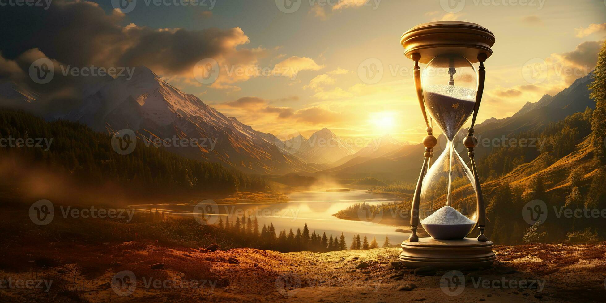 AI Generated. AI Generative. Time watch hourglass sandglass outdoor nature adventure vacation background landscape. Graphic Art photo