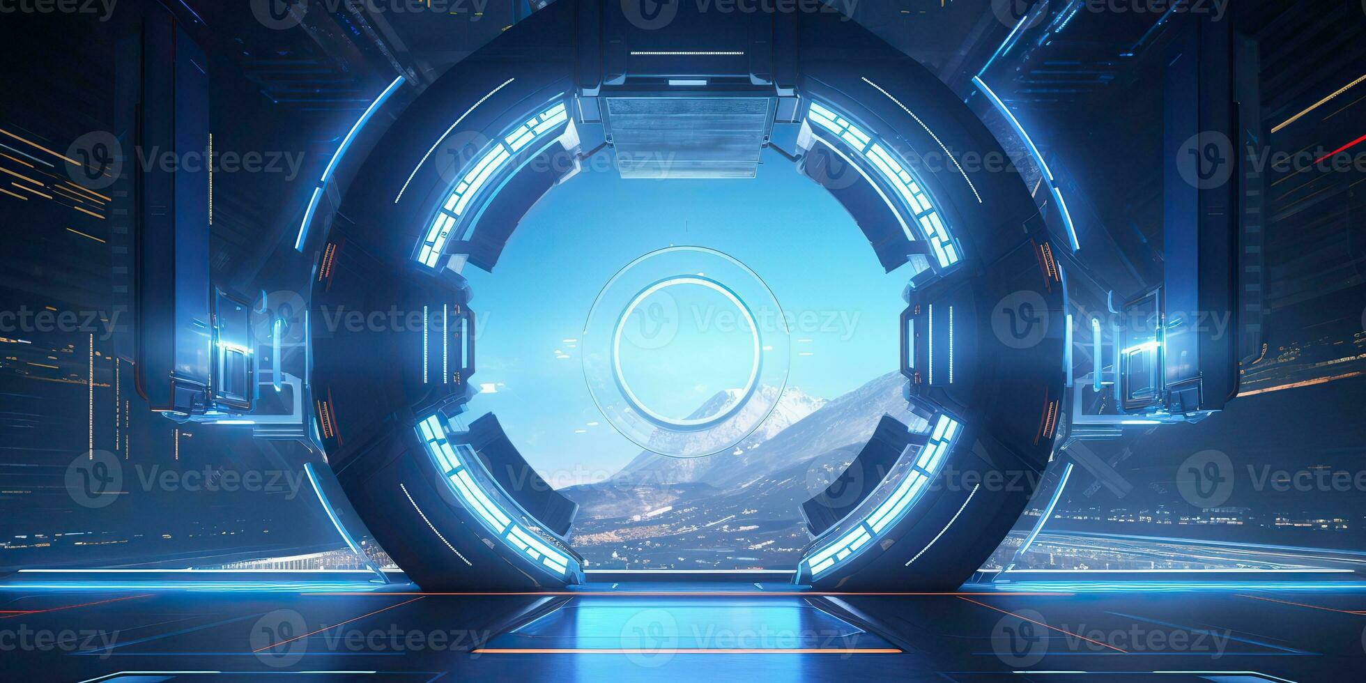 AI Generated. AI Generative. Futuristic space ship galaxy alien door gate entrance sci fi concept neon indoor architecture. Graphic Art photo