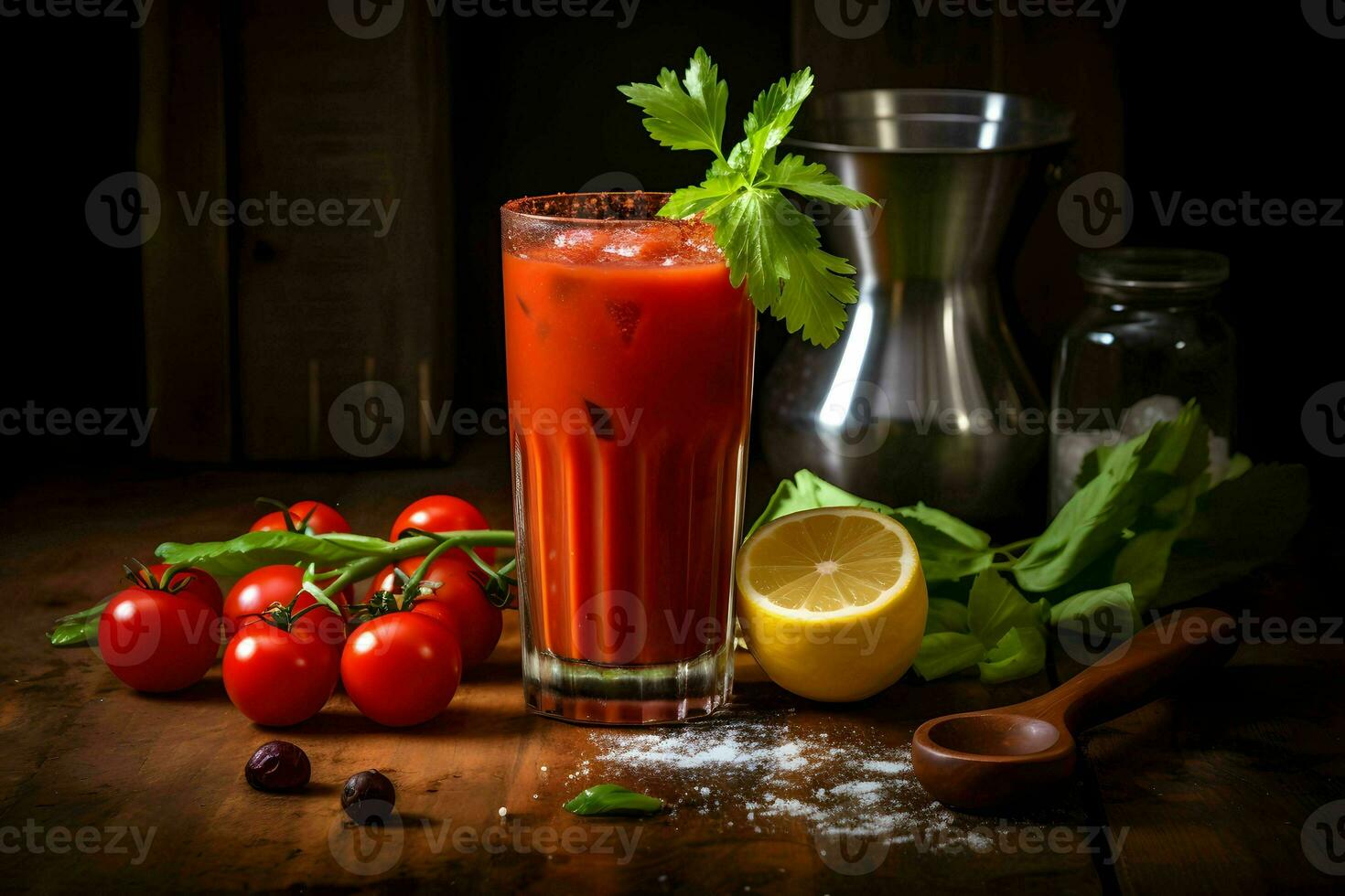 Bloody Mary cocktail on a dark background, promotional commercial photo. photo