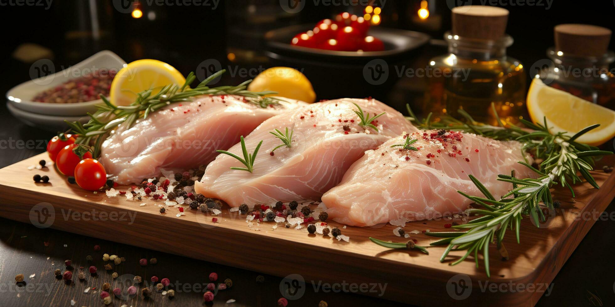 AI Generated. AI Generative. Raw chicken bird fillet meat on table cooking meal. Graphic Art photo