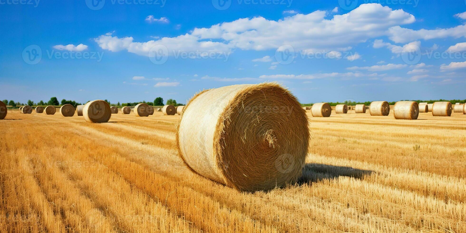 AI Generated. AI Generative. Autumn countryside harvest farming round bales stack. Outdoor nature landscape. Graphic Art photo