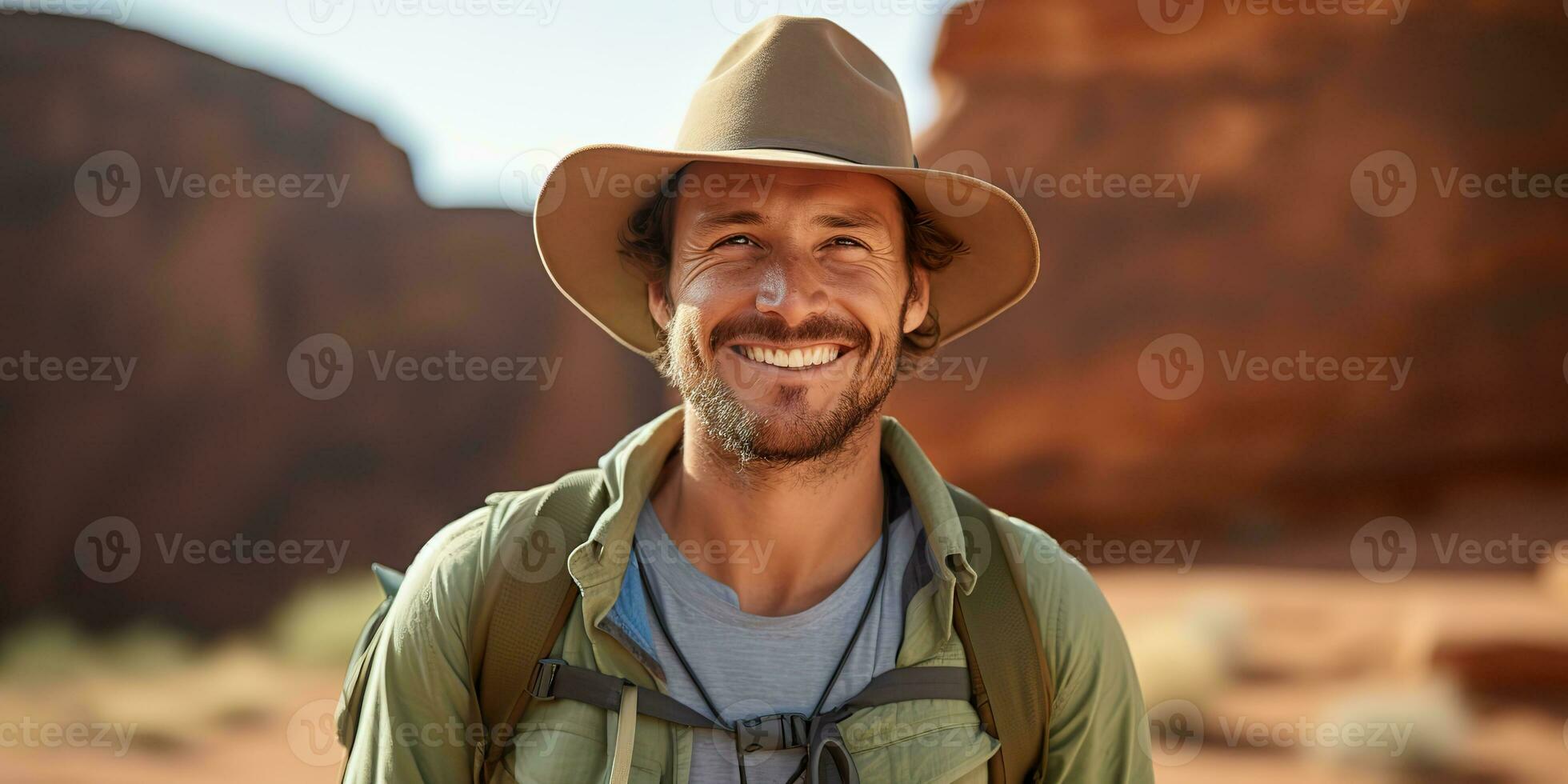 AI Generated. AI Generative. Handsome man in hat backpack trekking hiking portrait landscape adventure outdoor. Graphic Art photo