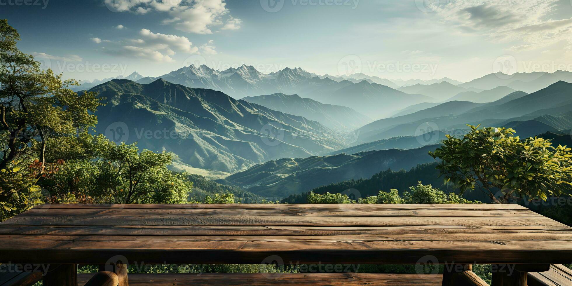 AI Generated. AI Generative. Wooden table nature outdoor forest mountain nature landscape background. Graphic Art photo