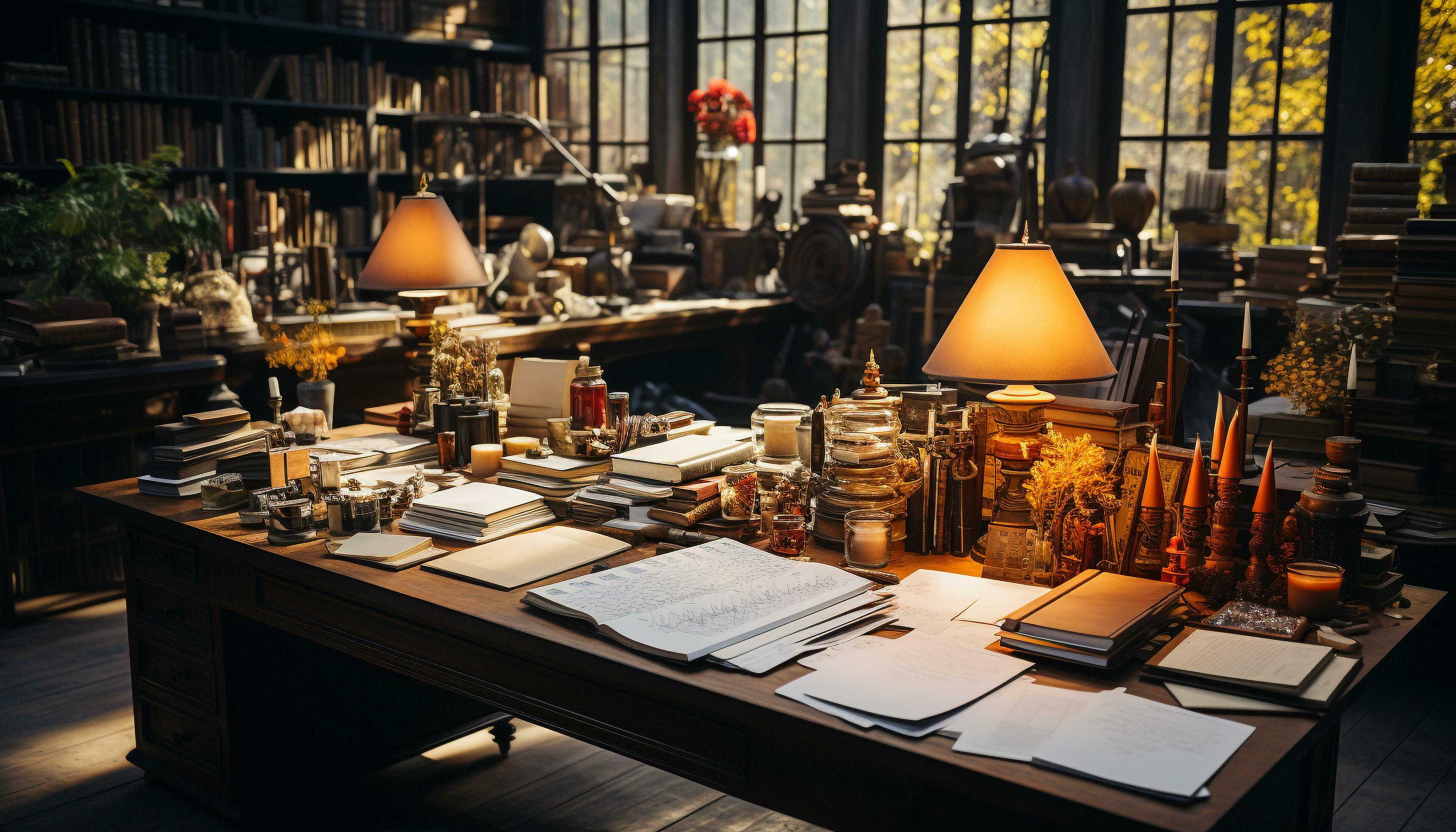 Inside the old fashioned library, a candle illuminated the