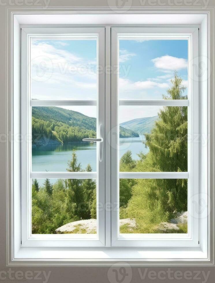 Modern residential window and trees and sky behind. Created with Generative AI technology. photo