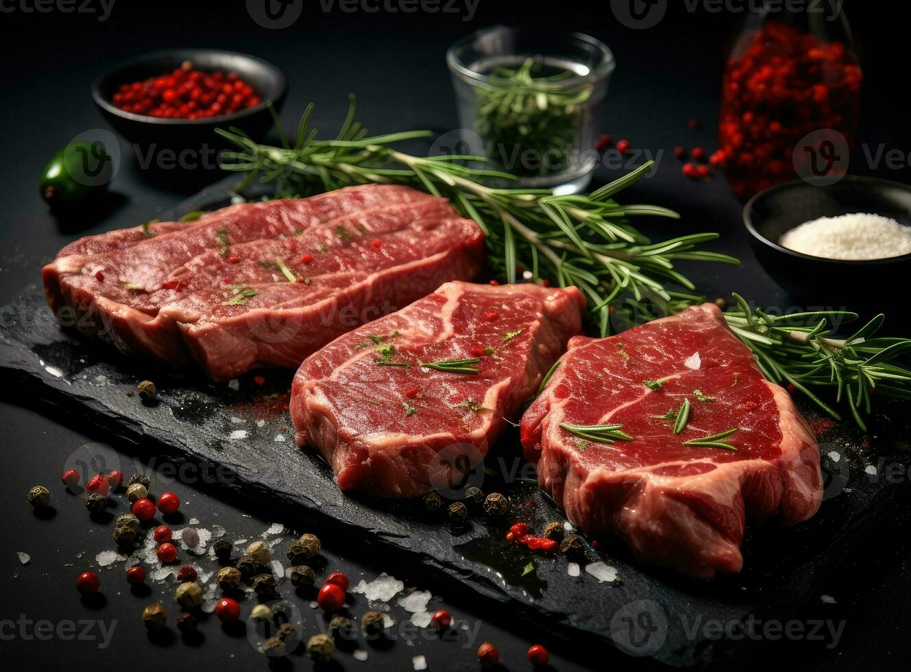Two raw steak New York with rosemary and spices. Flat lay top view on