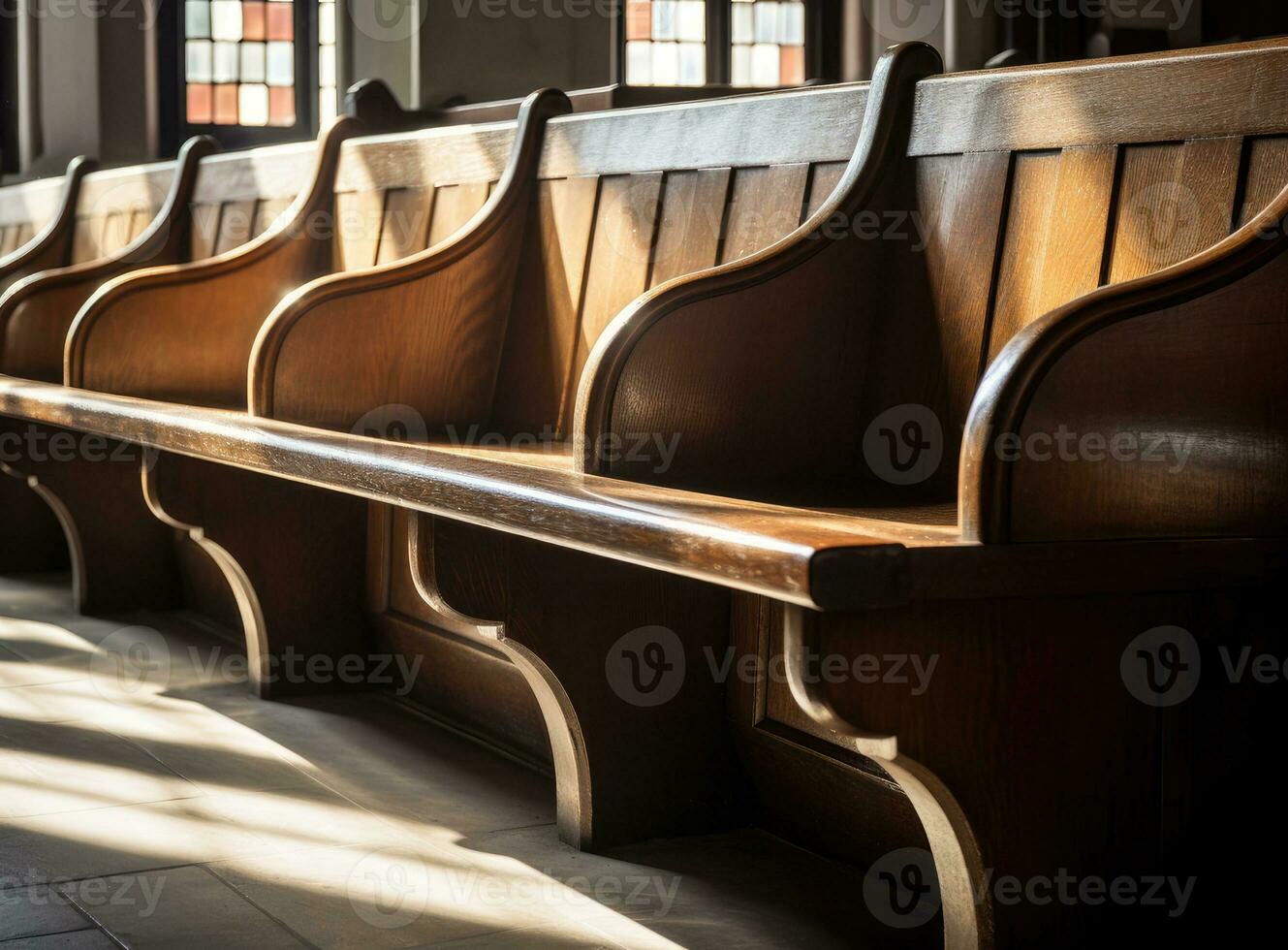 church wooden bench window in the background. Created with Generative AI technology. photo