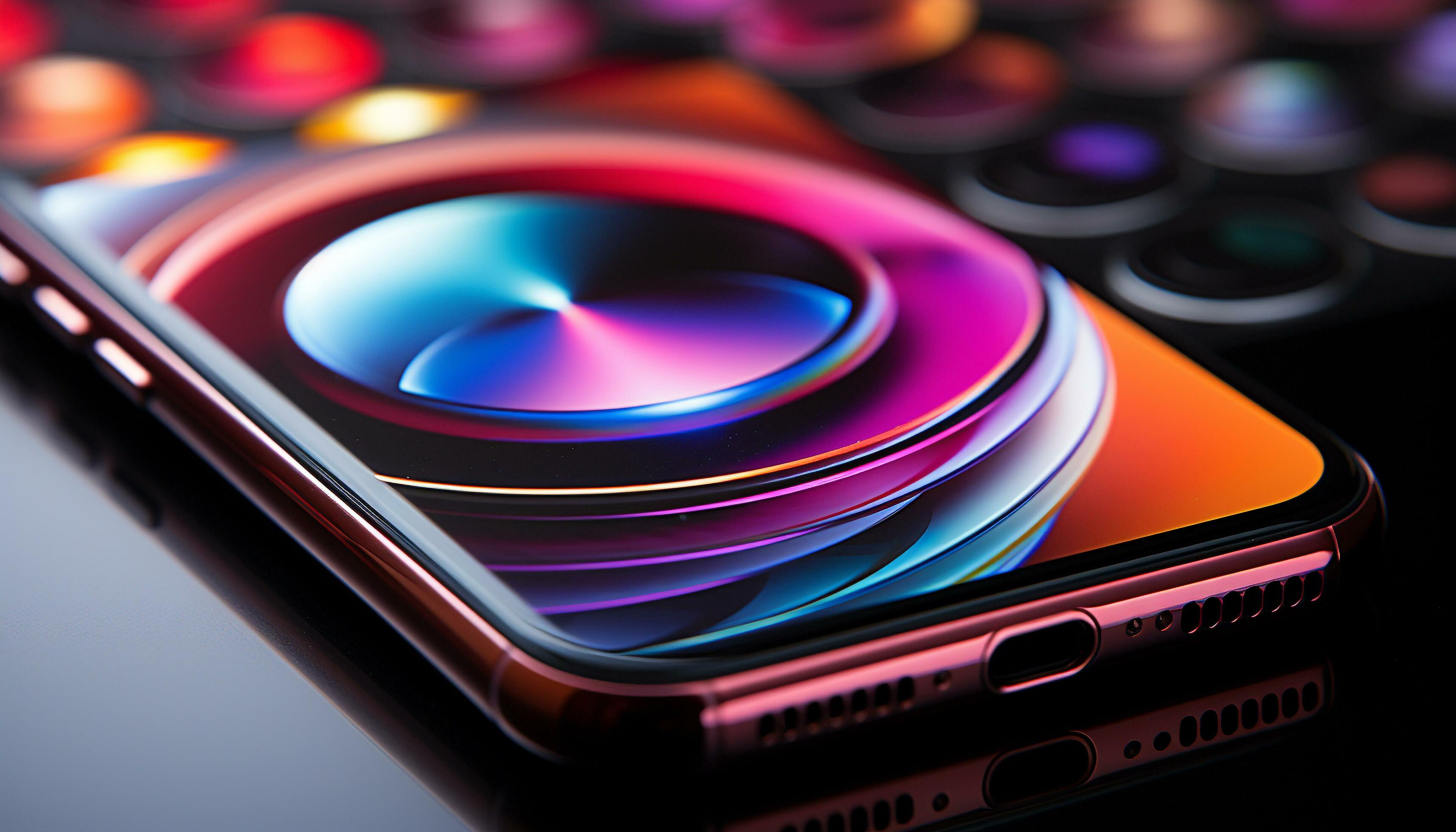 Bright blue computer monitor reflects vibrant colors in high angle view